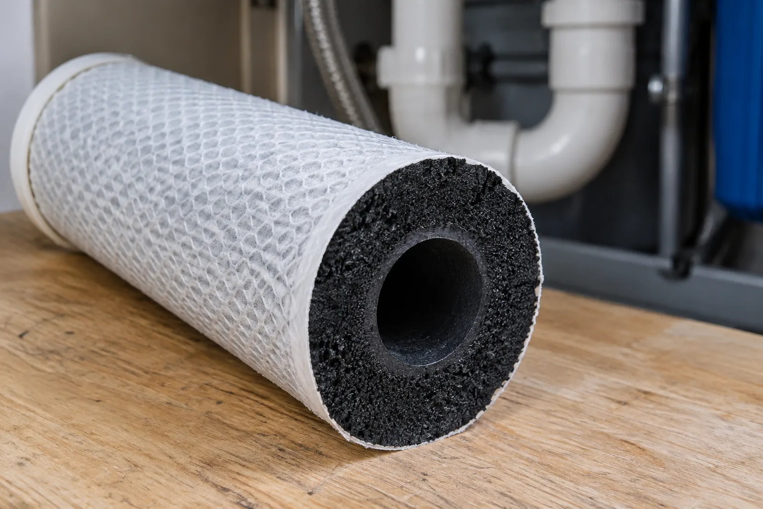 A cylindrical carbon block filter cartridge sawn across, showing the dense matte black compressed carbon wall and the hollow core