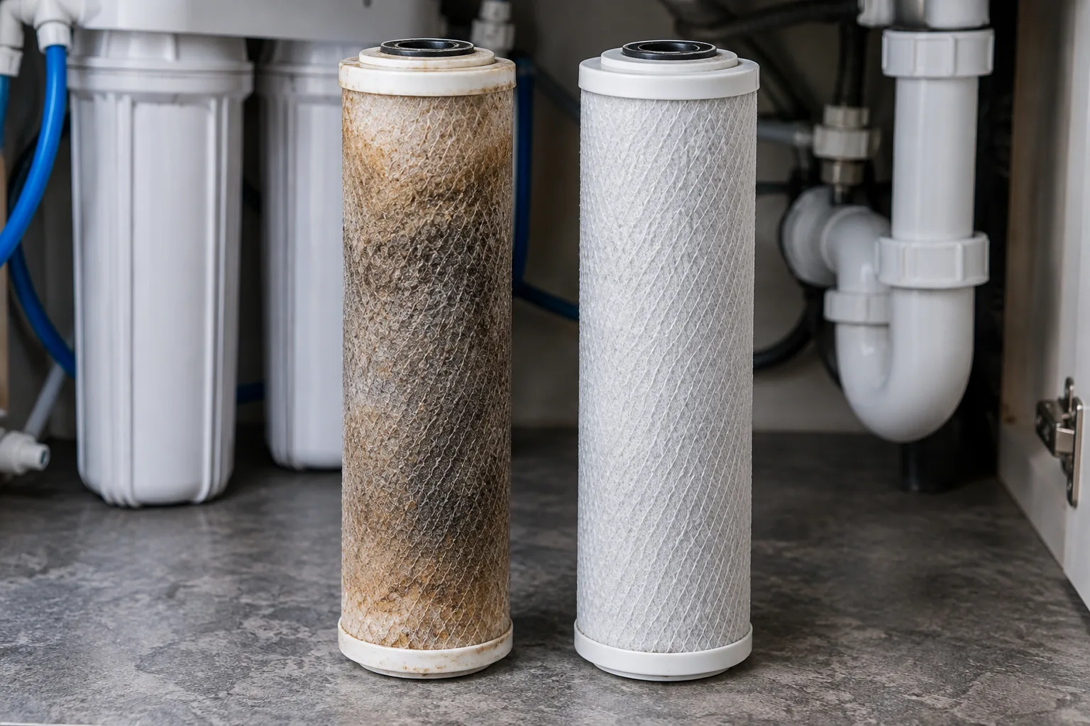 A used carbon block cartridge with a brown-stained outer sediment wrap held beside a clean unused one