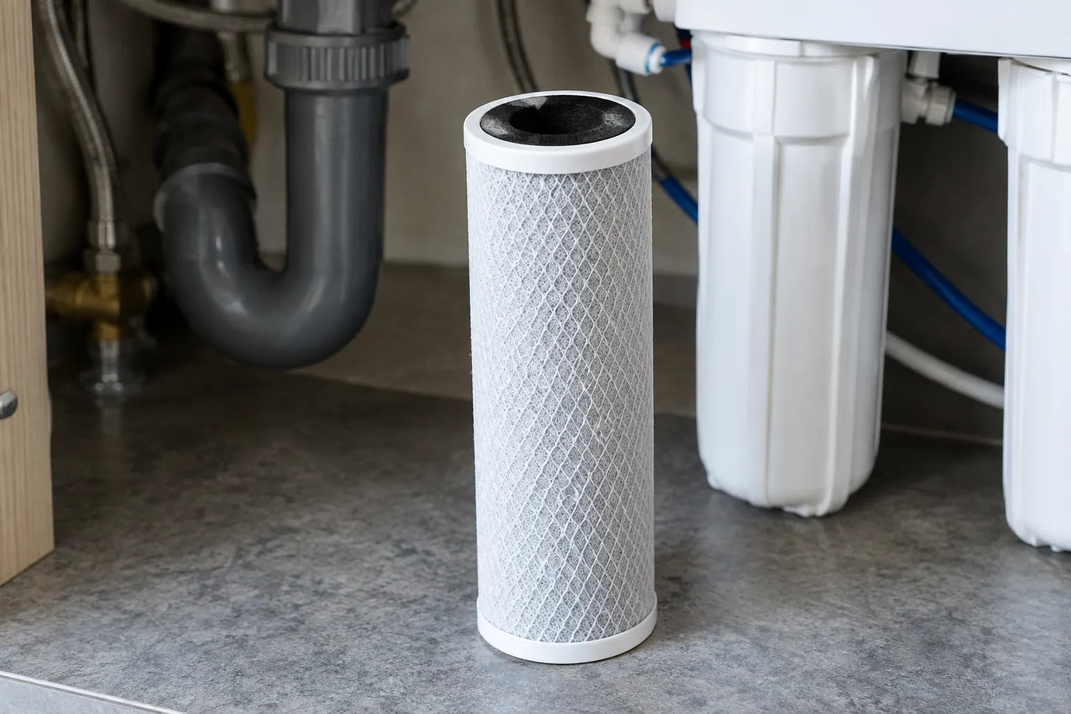 A single carbon block filter cartridge standing upright, its open end showing the compressed black carbon