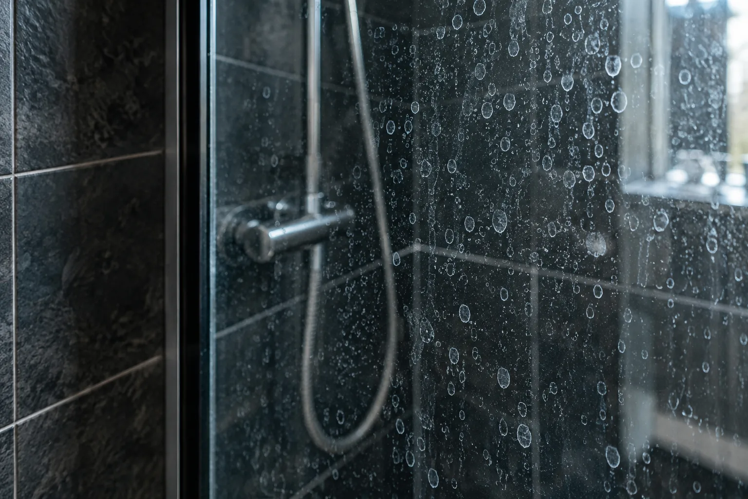 Close-up of dried white water spots and rings covering a dark glass shower screen