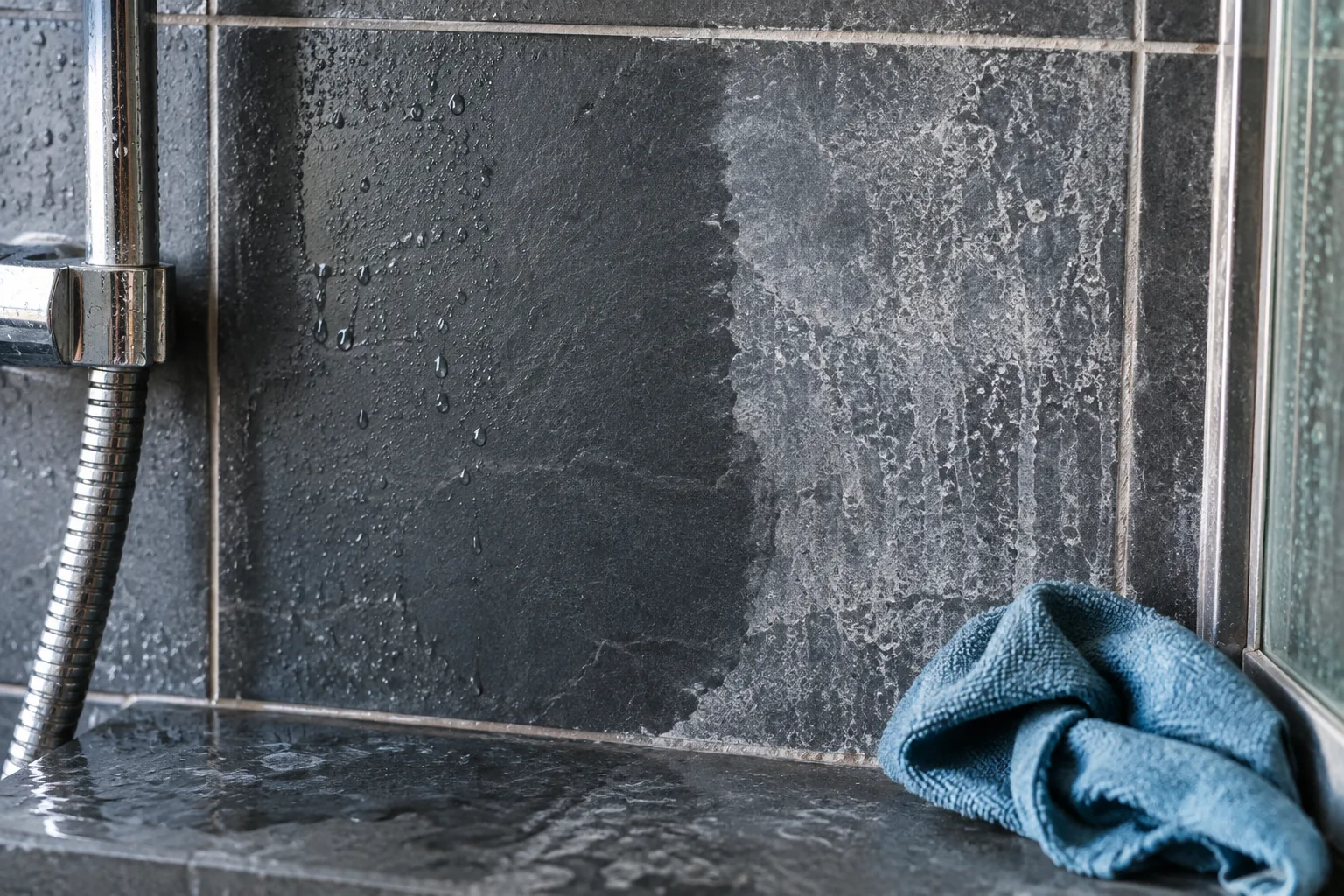Chalky white hard water crust on dark slate tile, half wiped away with a cloth