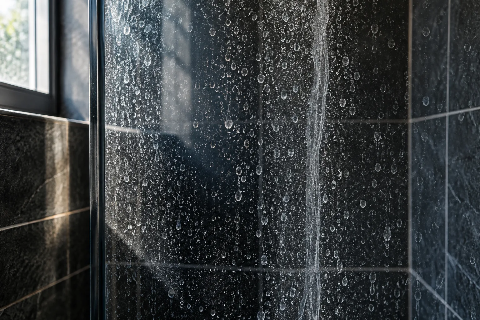 White hard water spots and dried streaks on a dark shower glass panel in side light