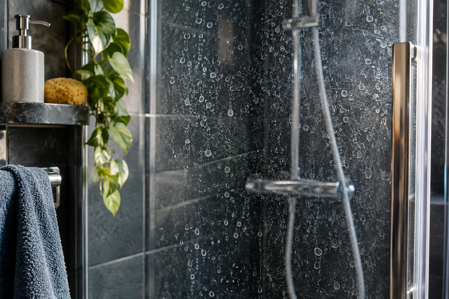 Dried mineral spots on a dark shower screen.