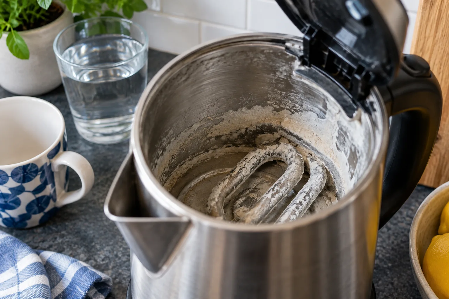 The inside of an open kettle, its element and base thickly crusted with chalky white limescale.