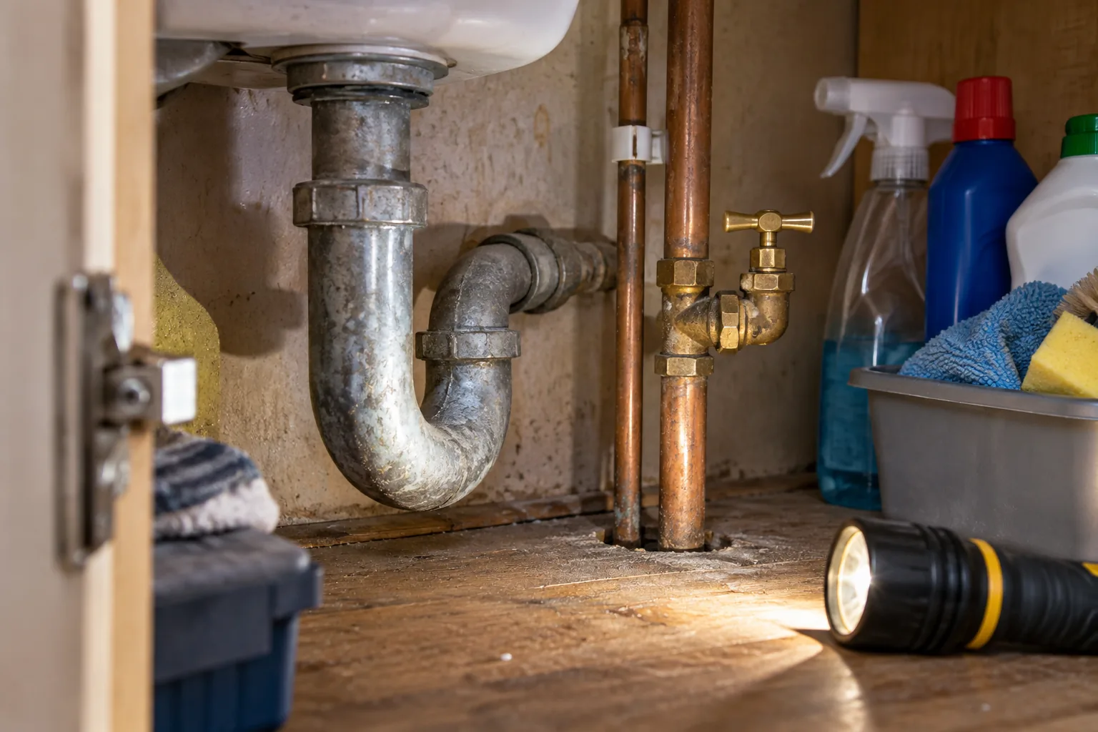 Old grey metal and copper water pipes emerging through the floor inside a kitchen cupboard under the sink