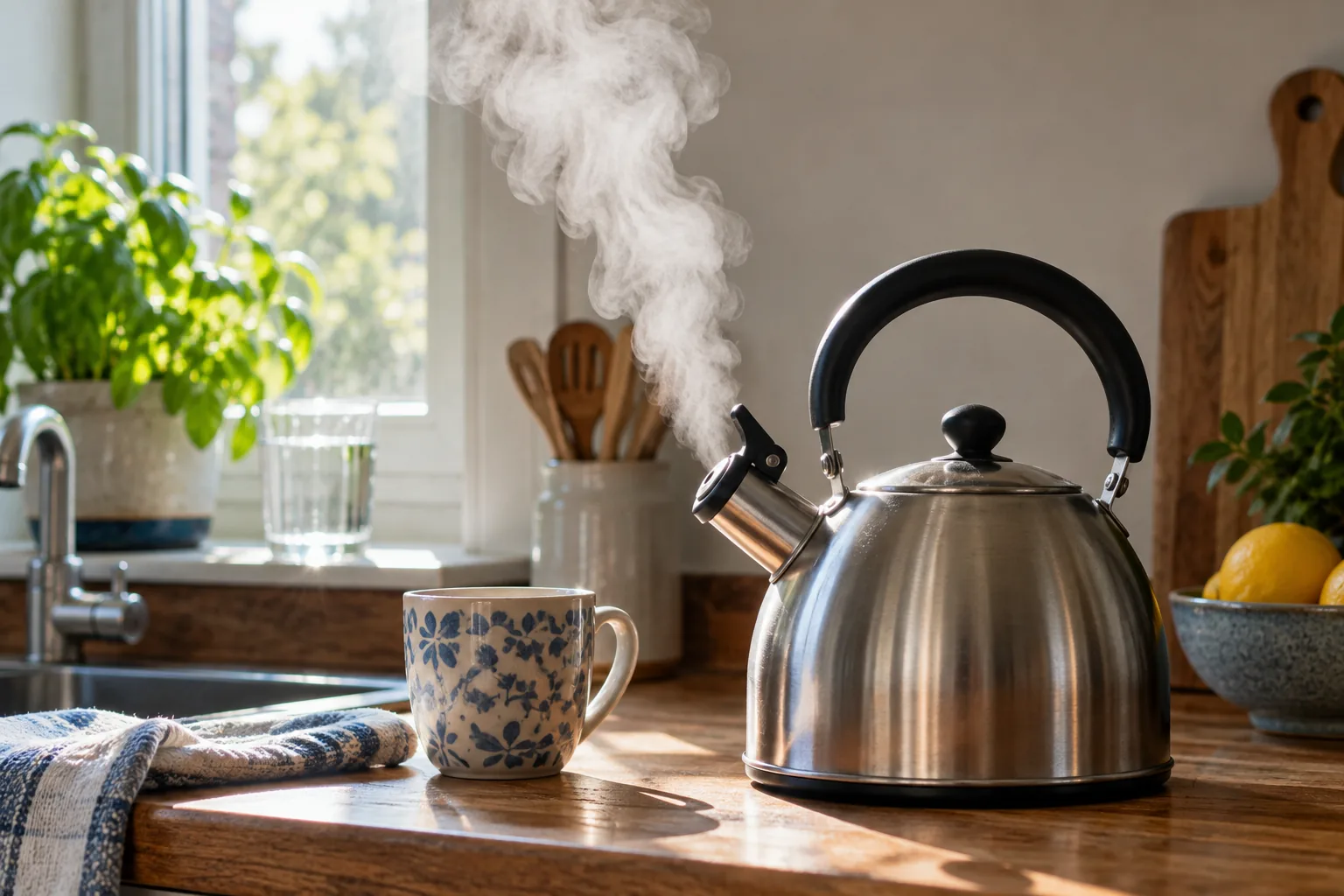 A kettle boiling on a kitchen worktop with steam rising from the spout