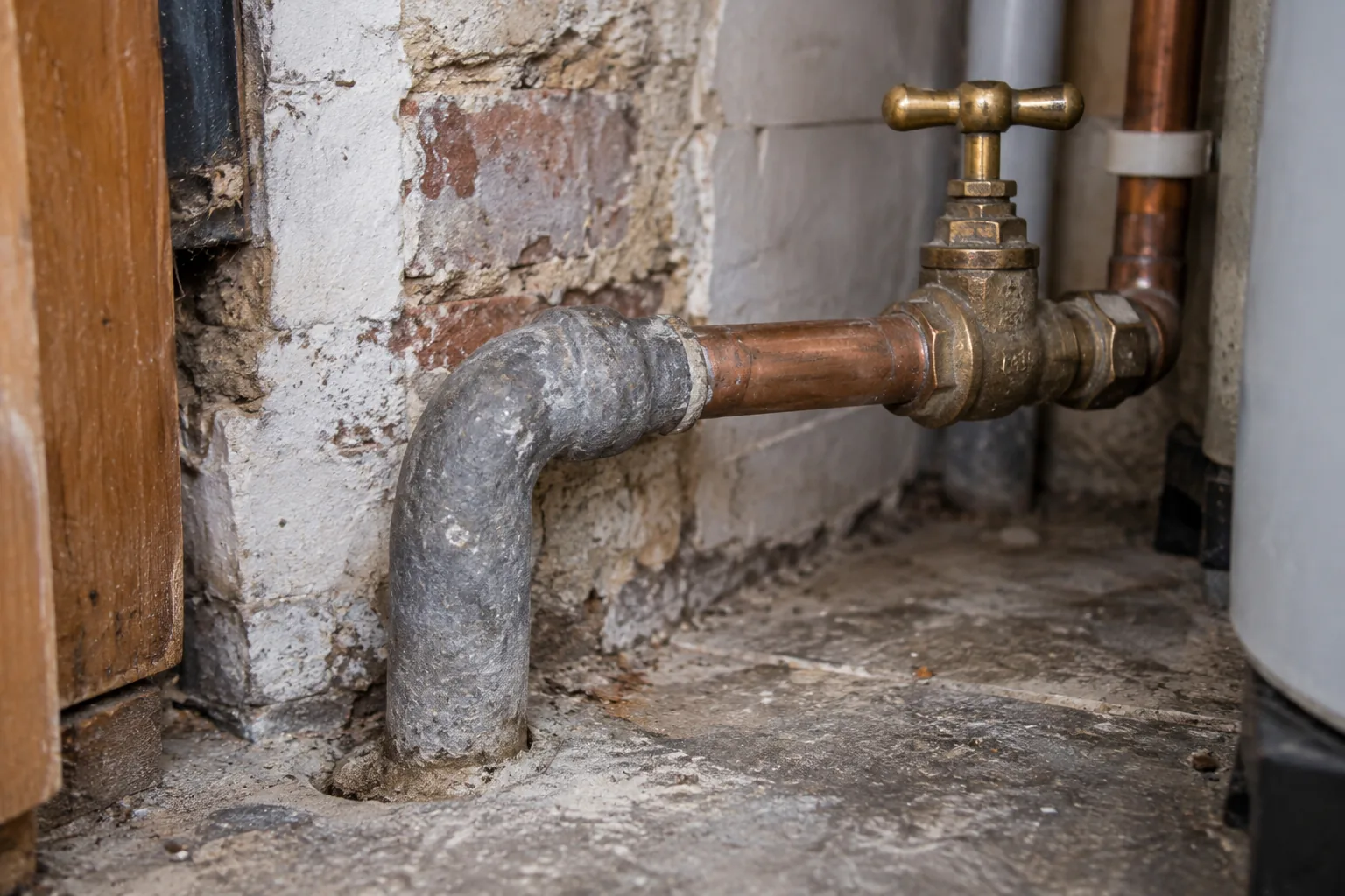 An old lead service pipe meeting newer copper at a joint beside a stopcock