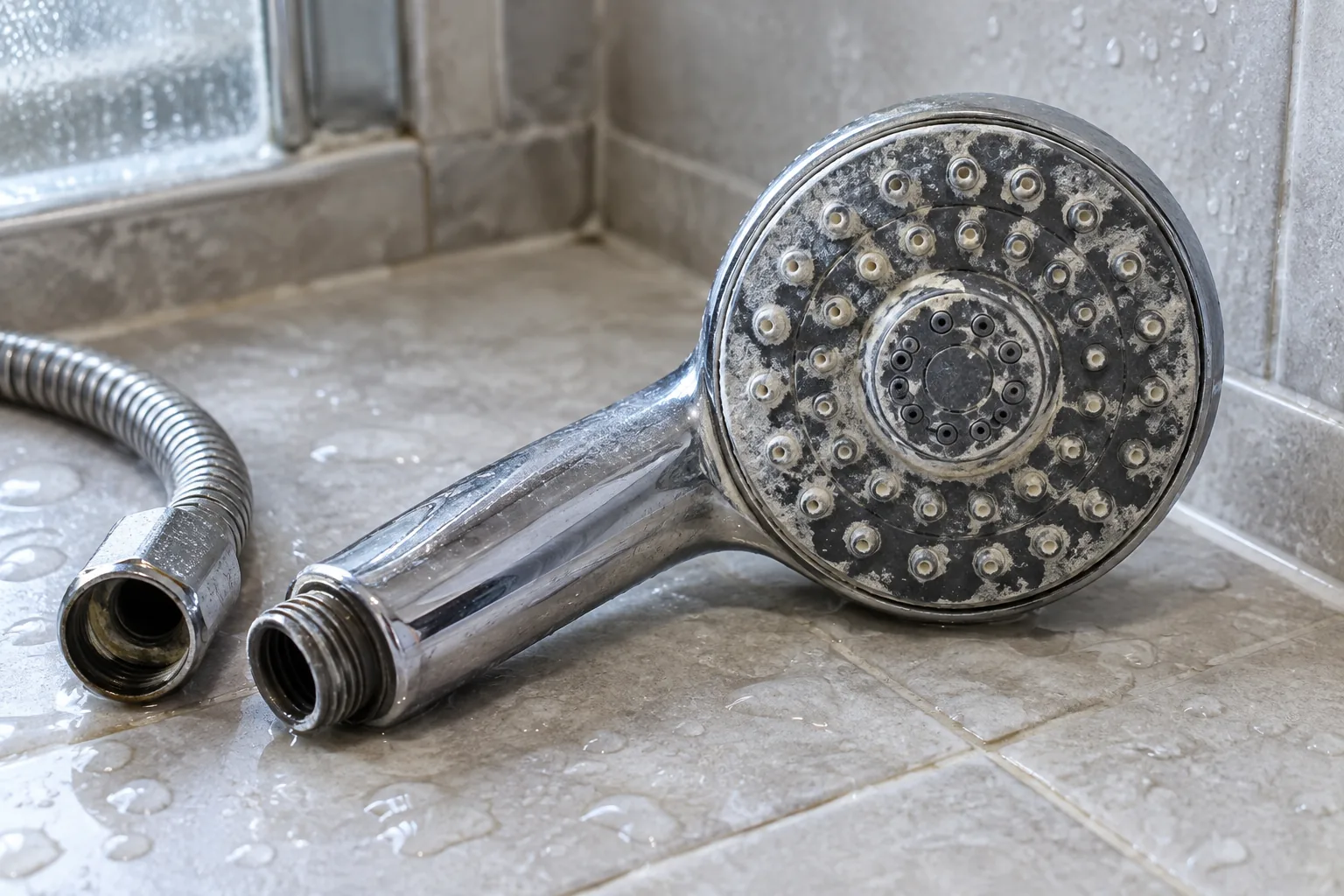 Close-up of a chrome shower head face with white limescale crust blocking the nozzle holes