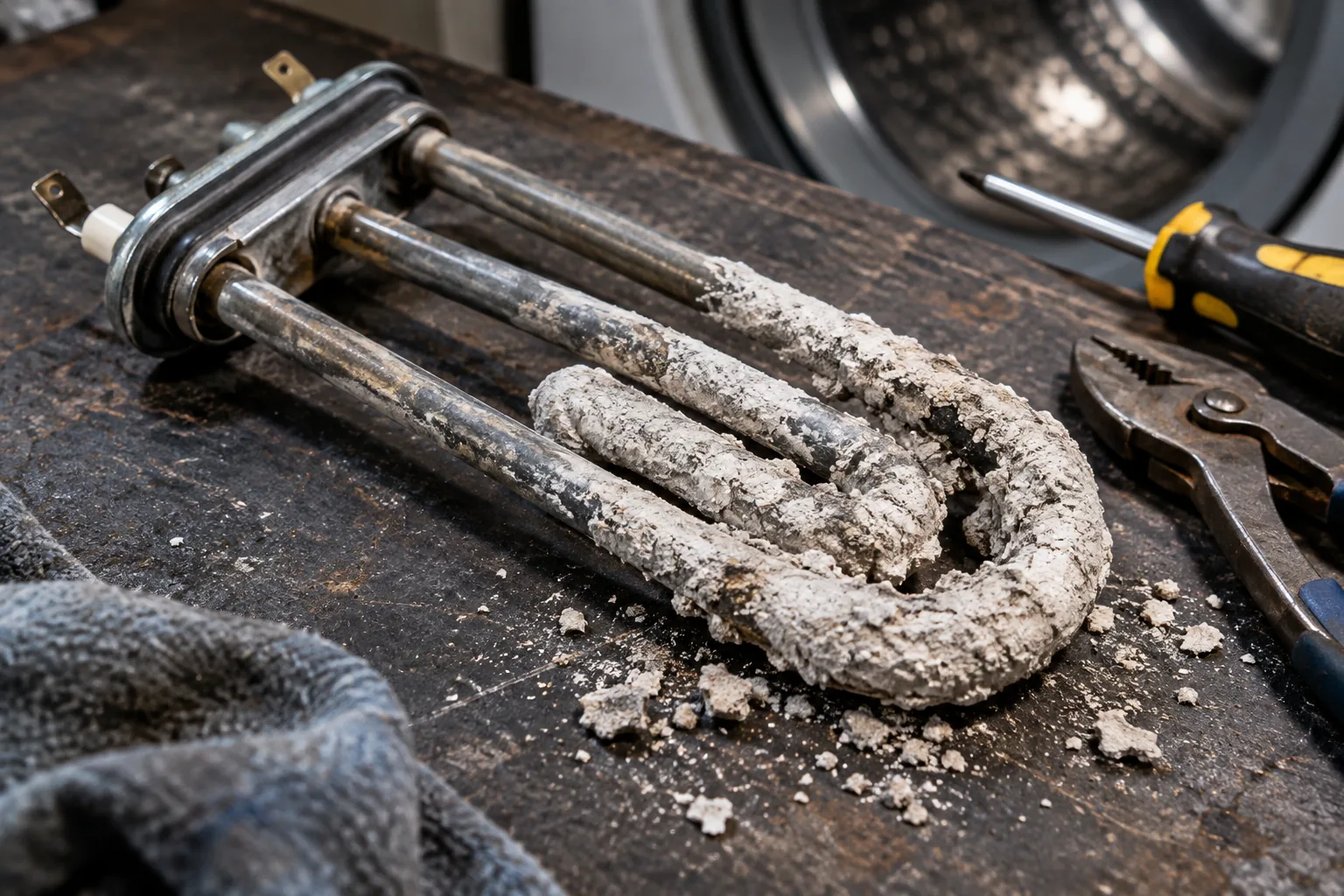 A heating element removed from a washing machine, thickly coated in pale limescale