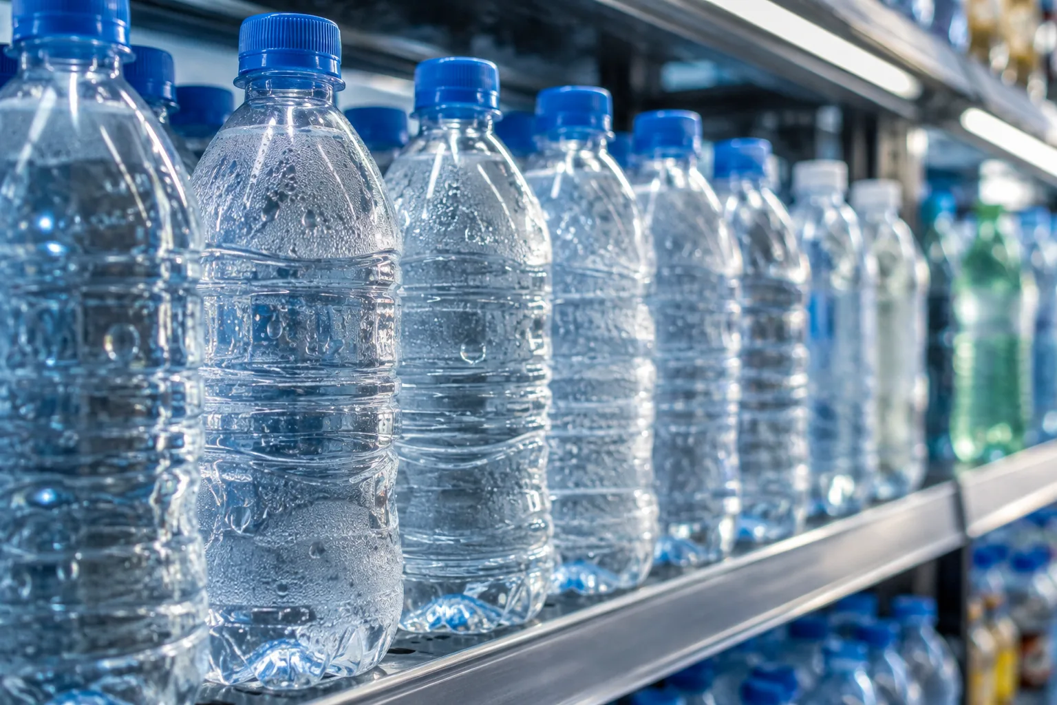 Single-use plastic bottles in a chiller cabinet.