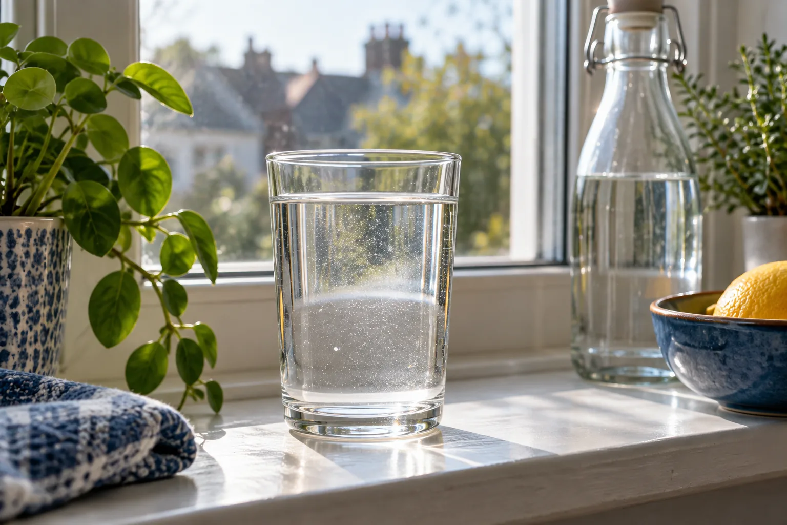 A plain glass of still water on a sunlit windowsill, with fine suspended specks catching the light.
