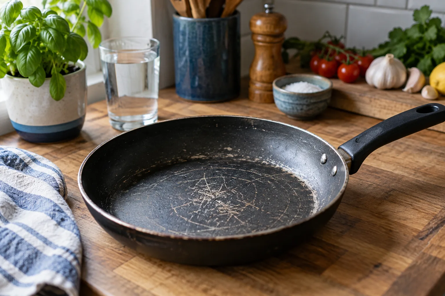 A worn non-stick frying pan on a wooden worktop.