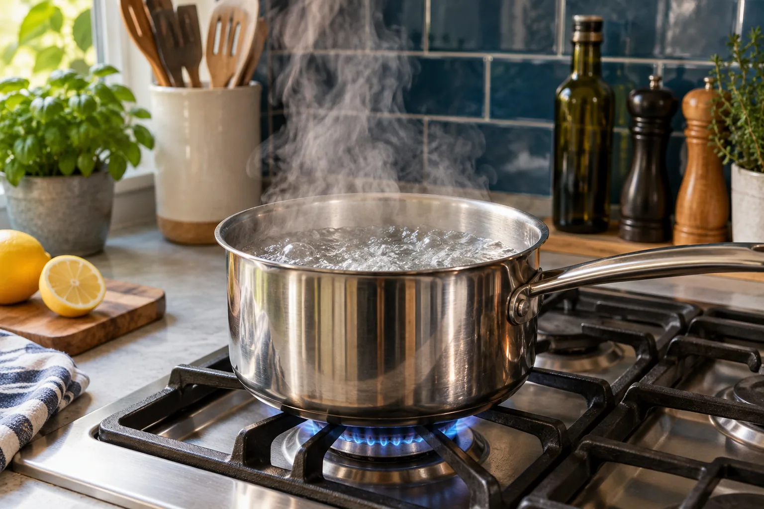 A stainless saucepan of water at a rolling boil on a lit gas ring, steam rising.