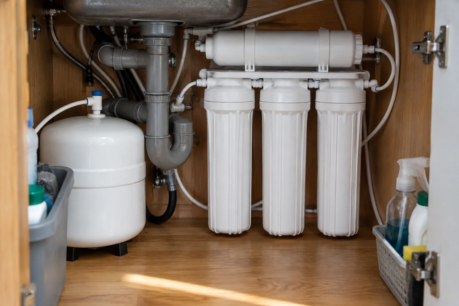 Plain white cylindrical filter housings and a horizontal membrane cylinder mounted inside an open under-sink cupboard, connected by thin white tubing