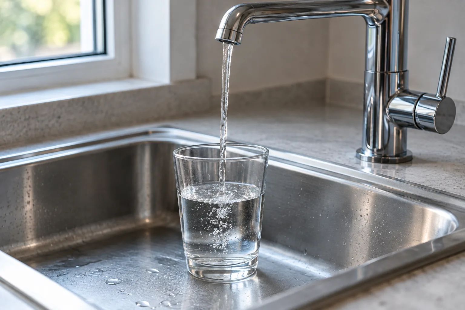 A clear glass being filled with still, clear water at a small separate tap beside a stainless steel sink