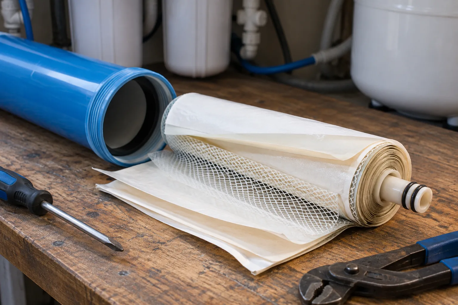 A reverse osmosis membrane element cut open, its rolled sheet unwound beside the housing