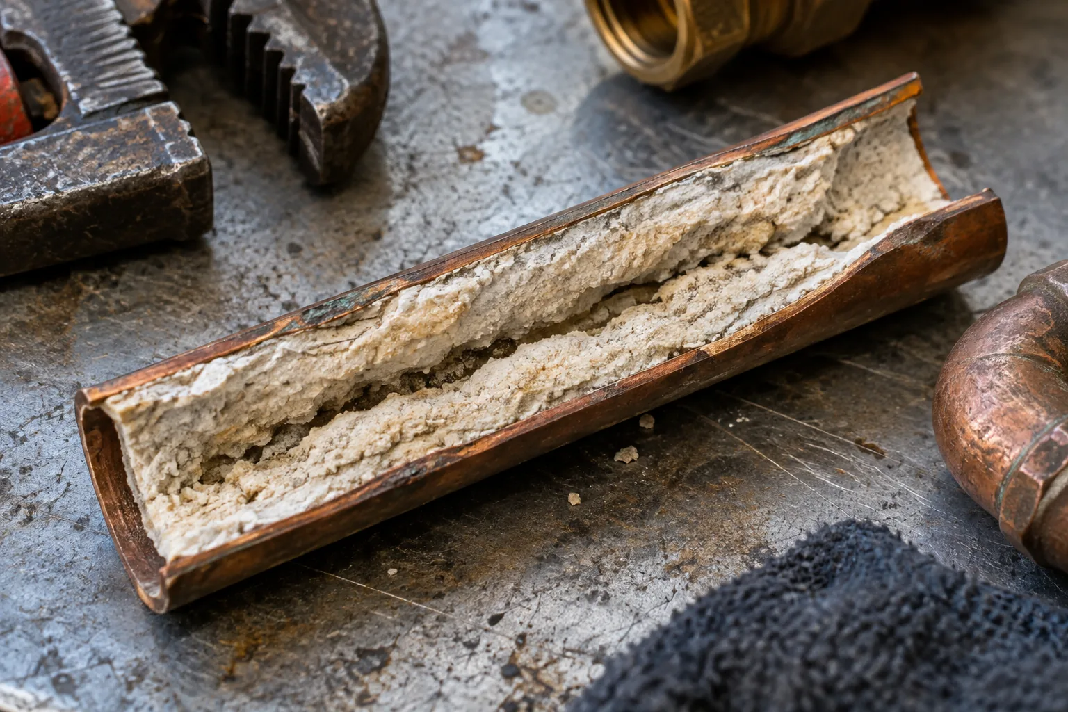 A short length of copper central heating pipe cut open lengthways, showing a thick pale mineral layer narrowing the inside of the bore