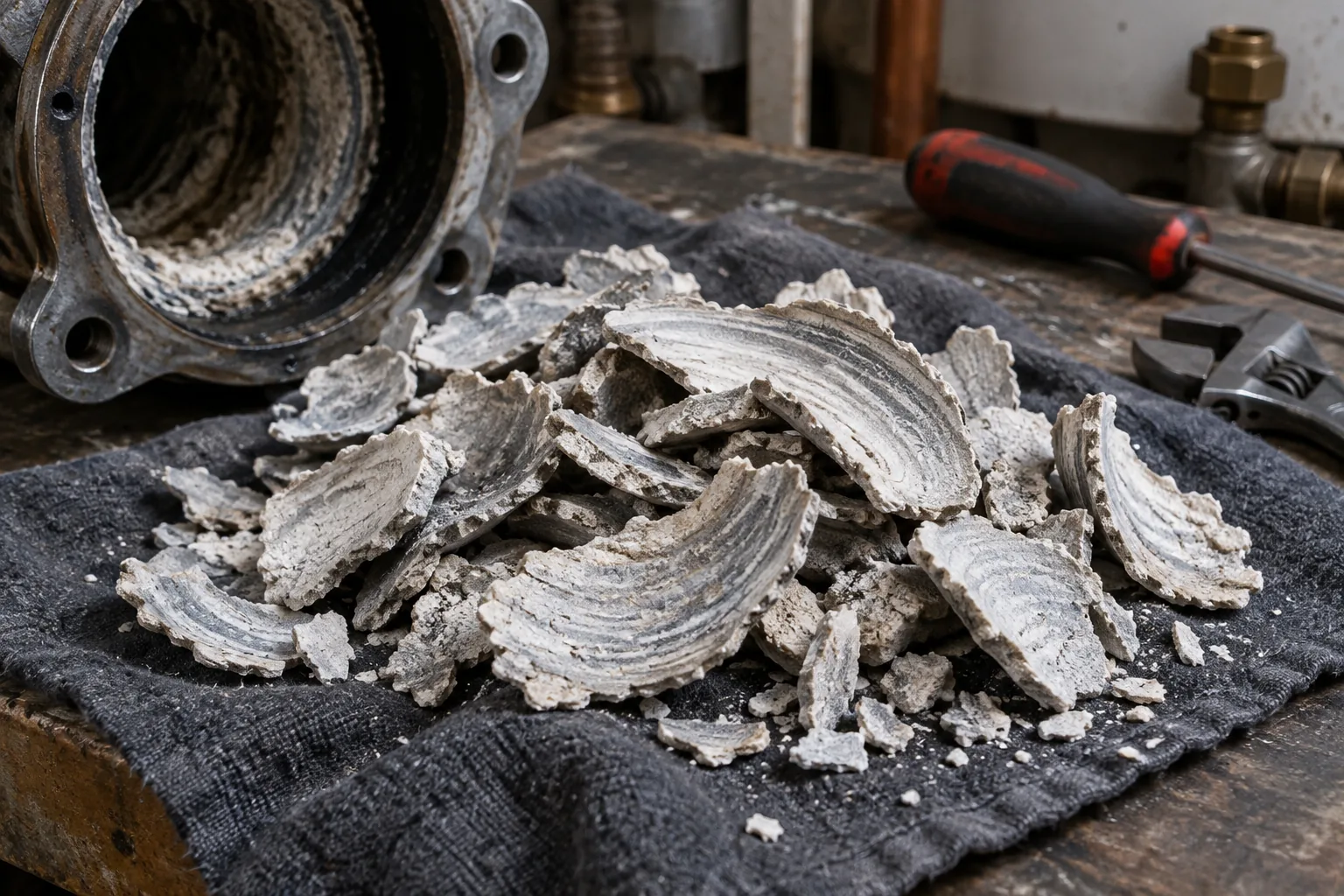 Broken flakes of hard grey-white limescale from a heating system, resting on a dark cloth