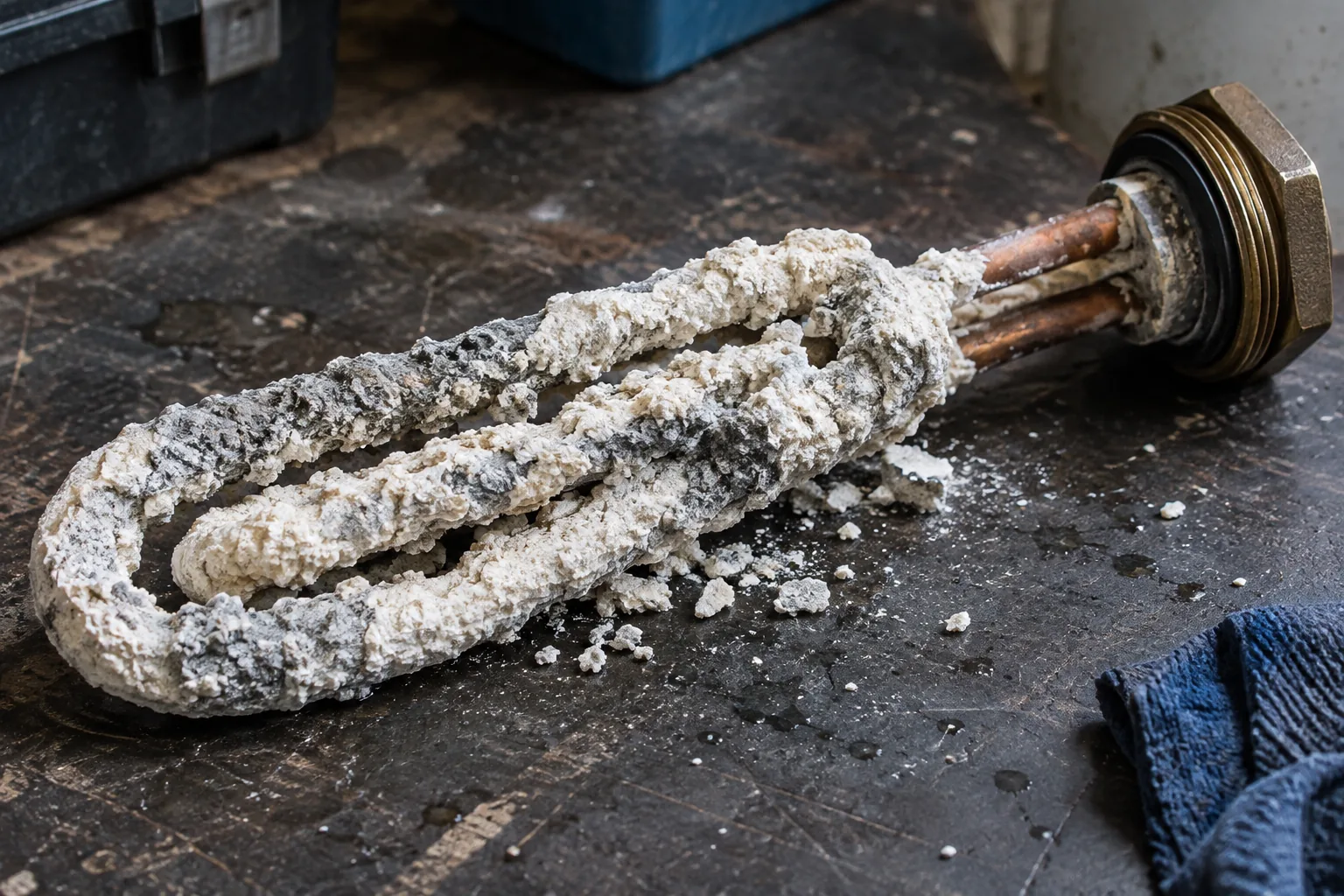 A copper immersion heater element removed from a hot water cylinder, coated in a thick crust of chalky white limescale