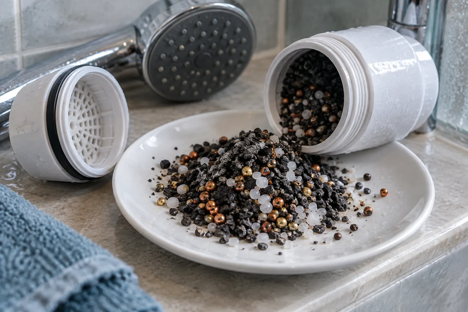Granular filter media tipped out of a shower filter cartridge onto a white ceramic dish, showing grey carbon grains mixed with small copper-coloured granules