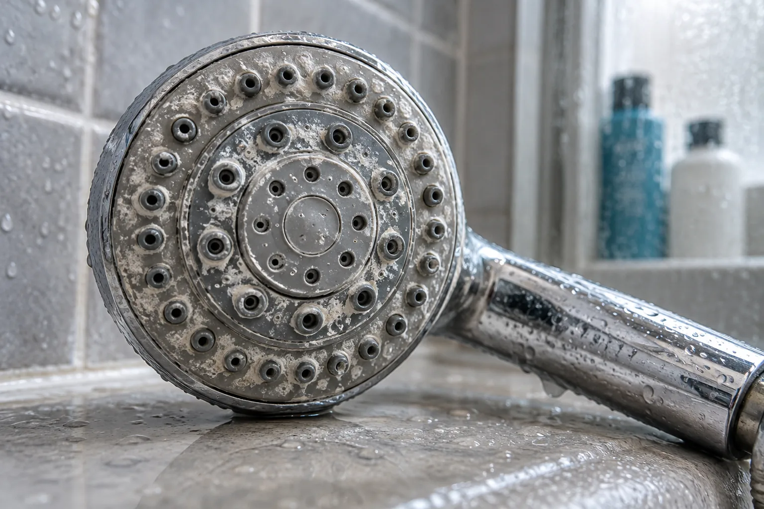 Close-up of a chrome showerhead face with chalky white limescale crusted around the rubber nozzles
