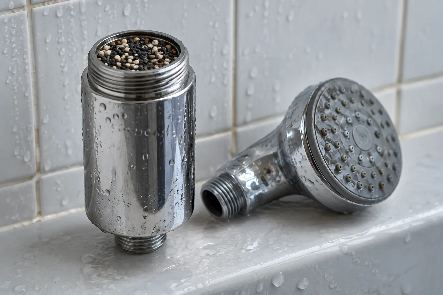 A cylindrical shower filter housing unscrewed from the shower arm, standing on a wet tiled ledge beside the detached showerhead