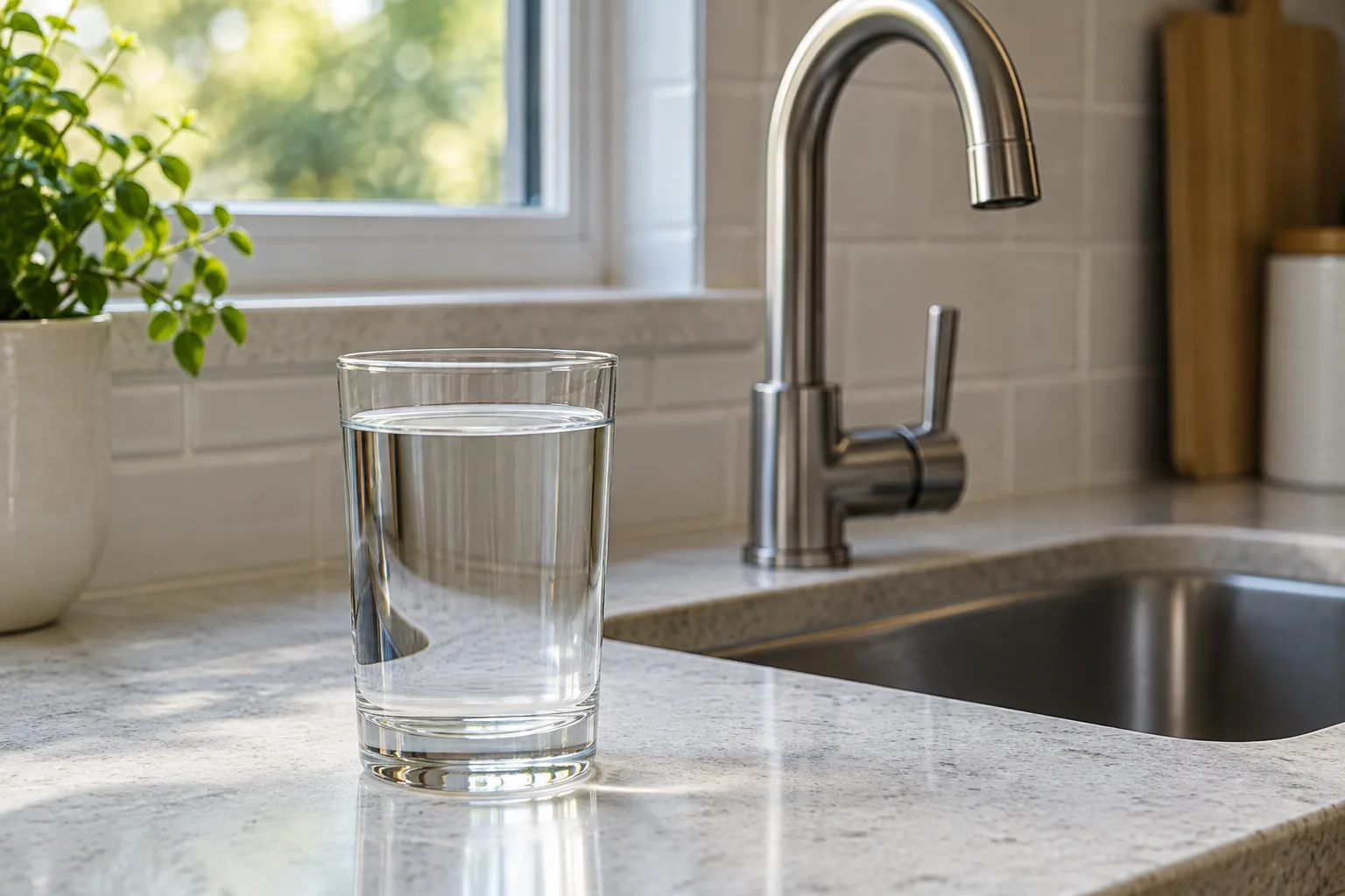 A plain glass of water standing on a kitchen worktop beside a mixer tap in daylight