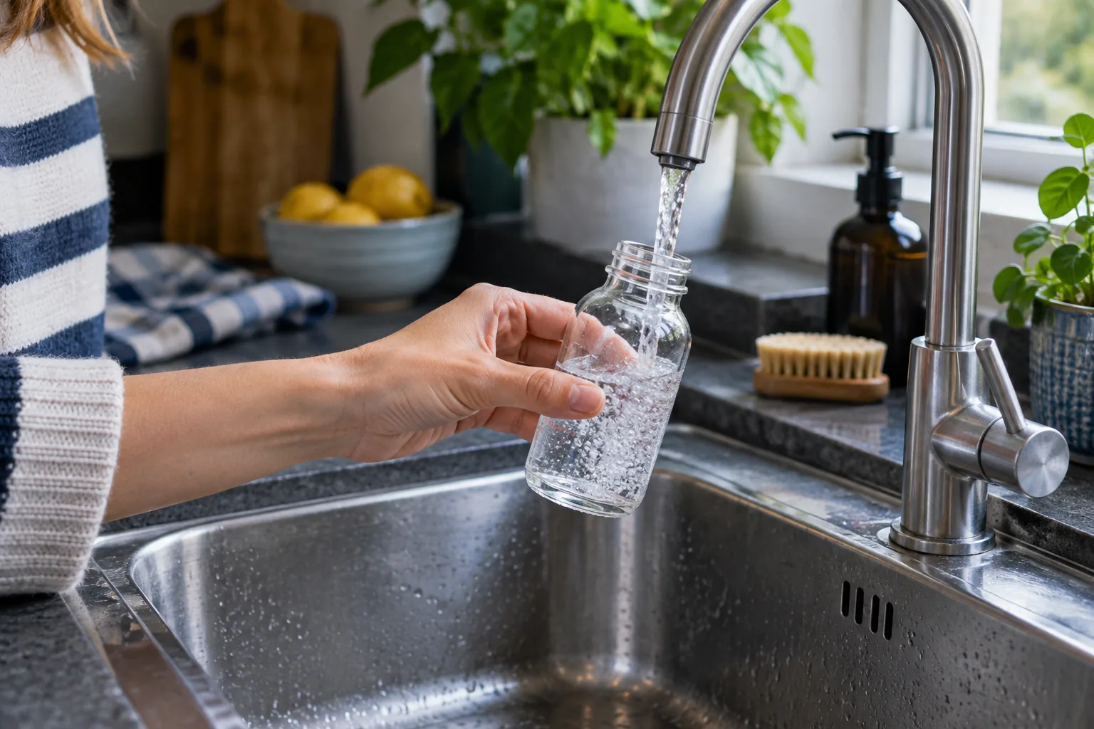A hand holding a small plain sample bottle under a running kitchen tap