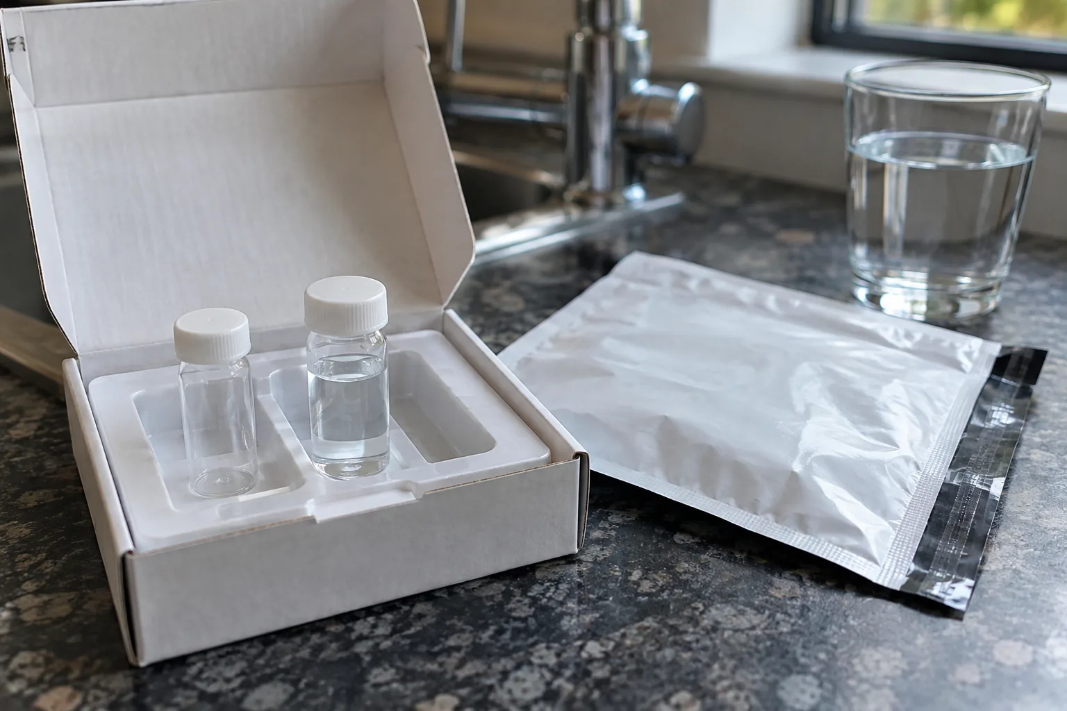 A water sampling kit with two sample vials and a return mailer on a worktop