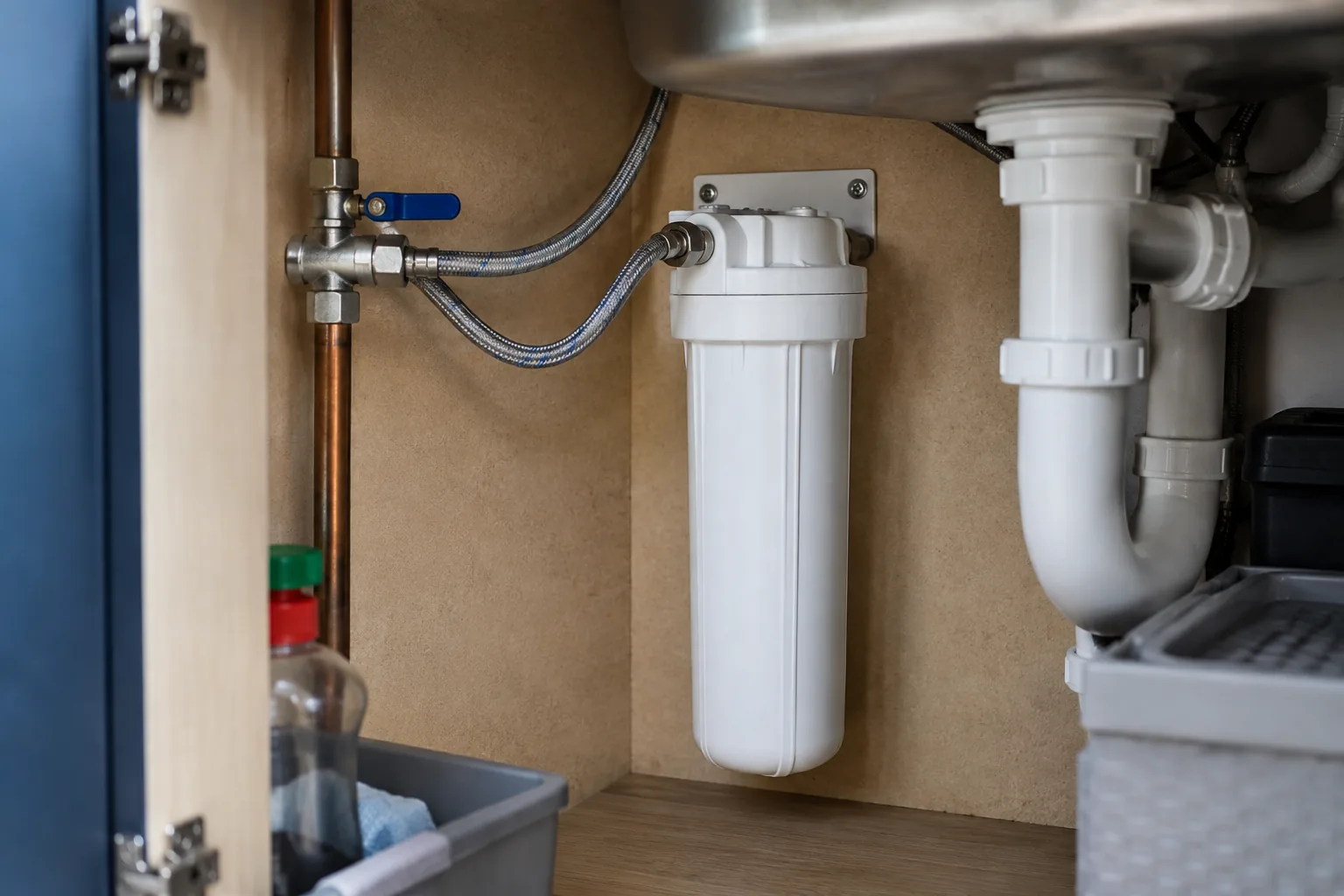 The inside of a kitchen sink cabinet showing a plain filter housing bracketed to the back wall with flexible hoses running to a tee fitting on the cold pipe