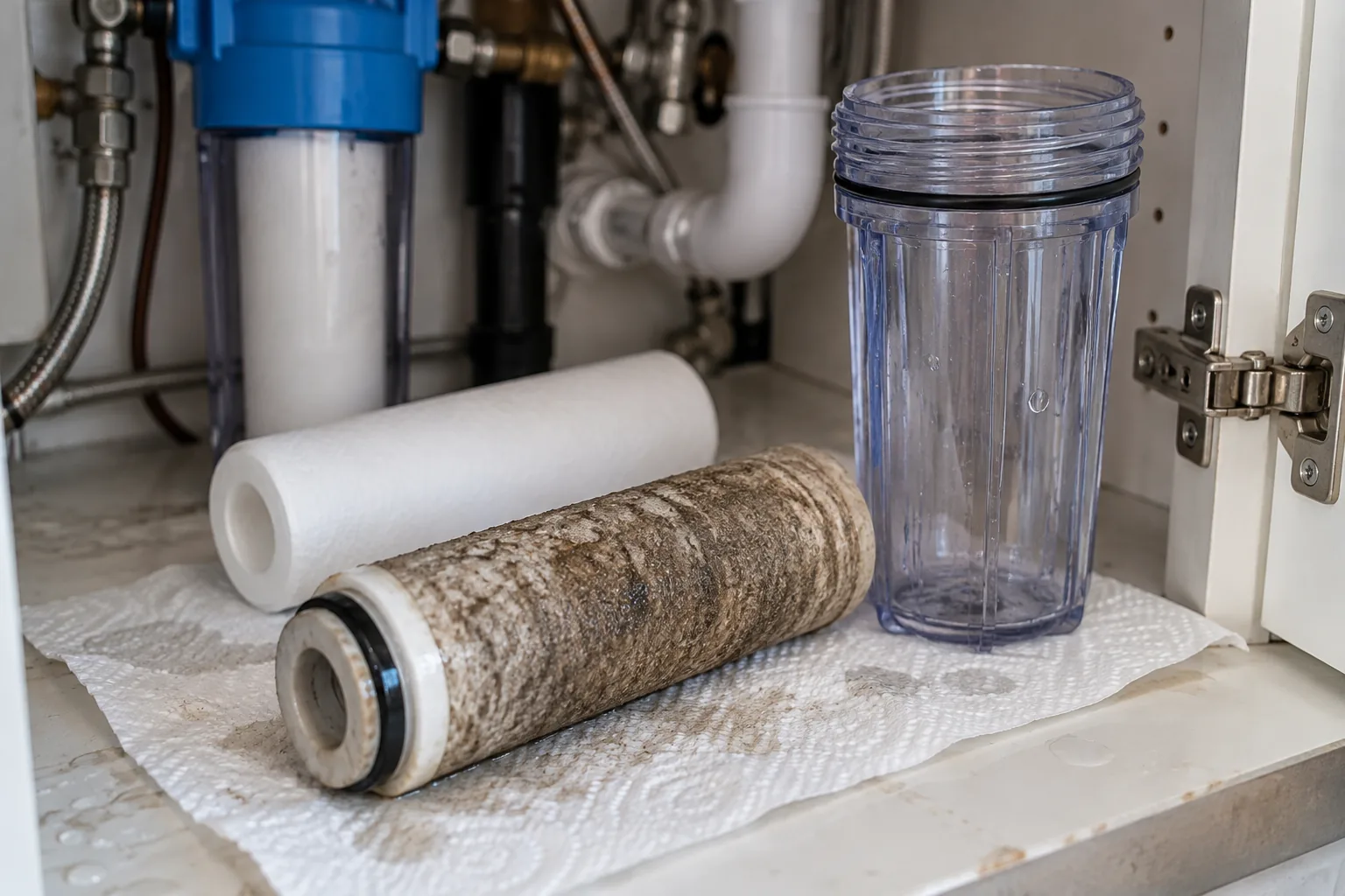 A used filter cartridge lifted out of its unscrewed sump and laid on kitchen paper beside a clean new cartridge