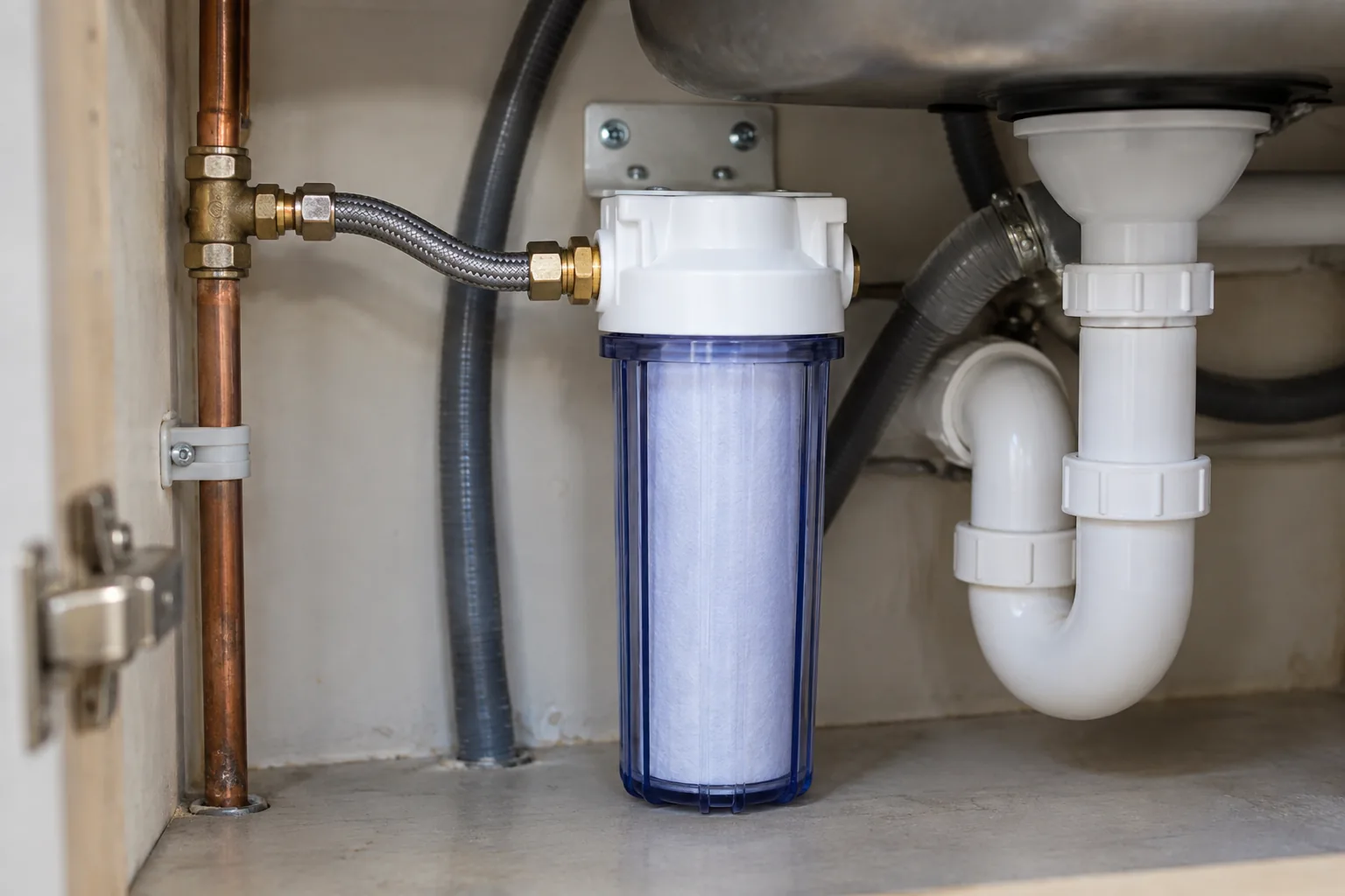 A filter housing mounted inside a kitchen sink cabinet with hoses running to the cold water pipe
