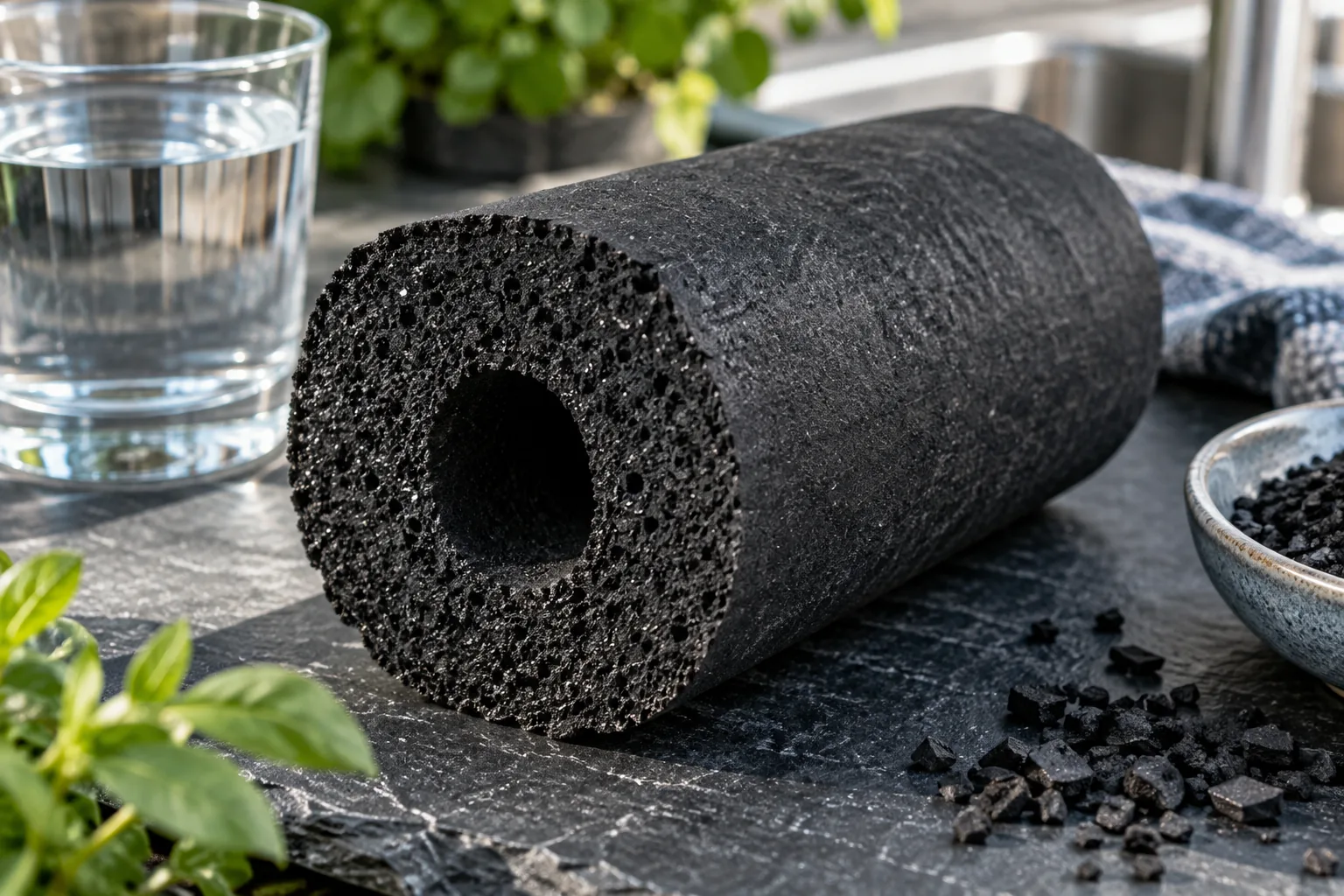A solid carbon block cut open.