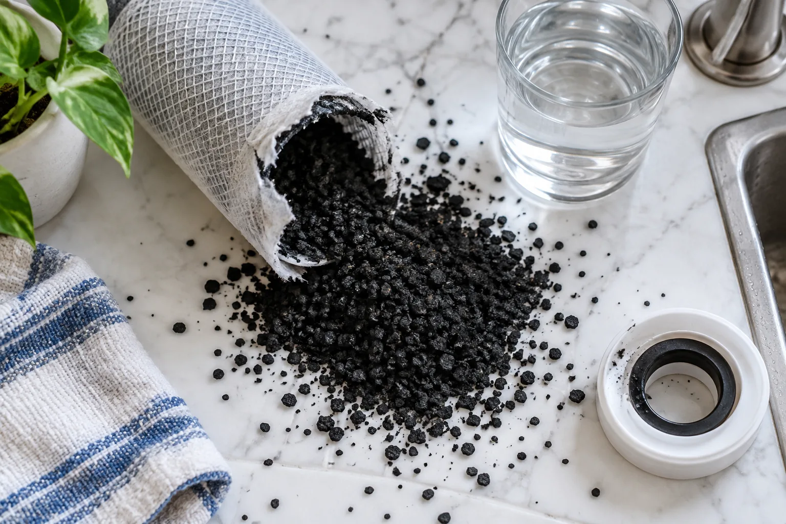 Loose carbon granules spilled on a white surface.