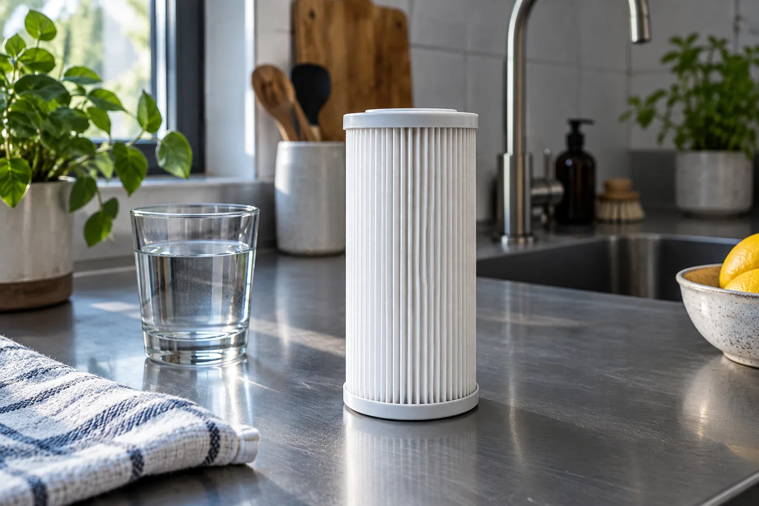 A pleated white filter cartridge standing upright on a steel worktop beside a glass of water.