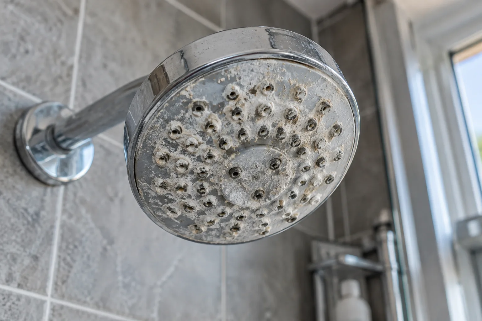 Close-up of a chrome shower head with hard white limescale crusted around the nozzles