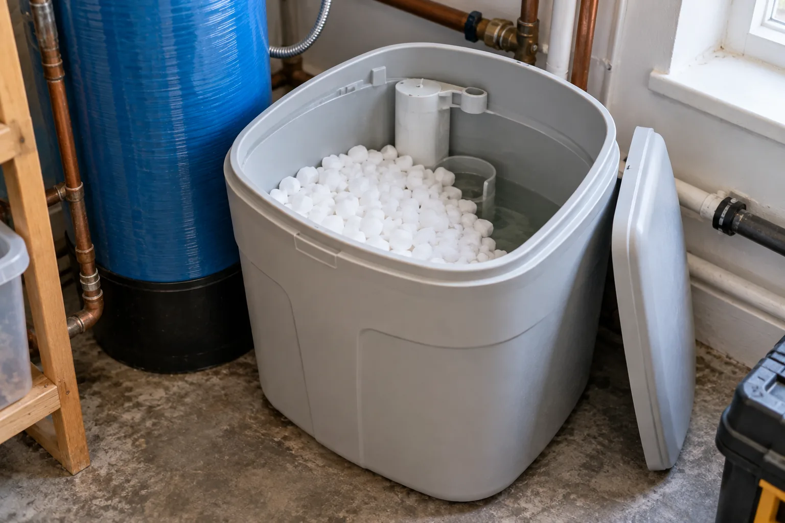An open brine tank half filled with white water softener salt pellets in a utility room