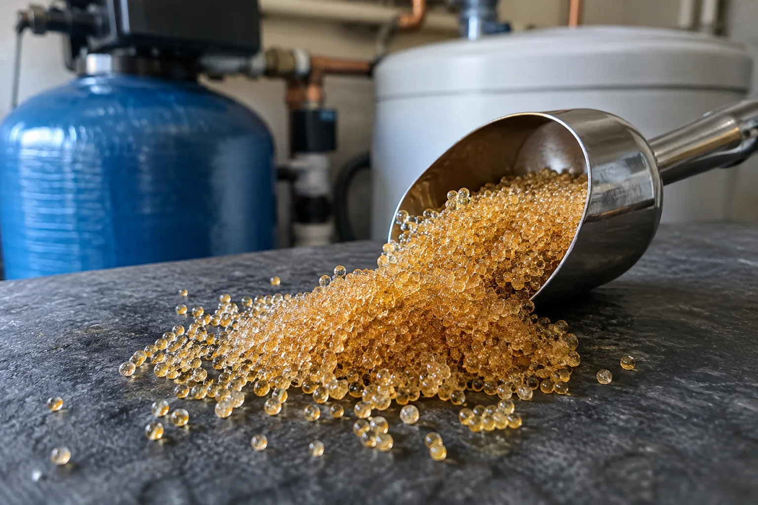 Amber ion exchange resin beads spilling from a scoop onto a dark slate worktop
