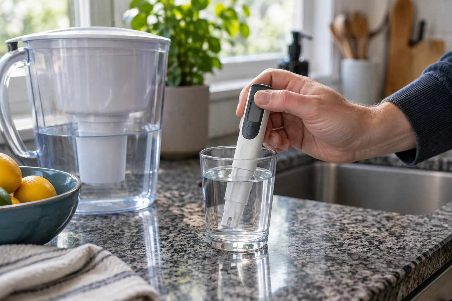 A handheld water tester held over a glass of water.