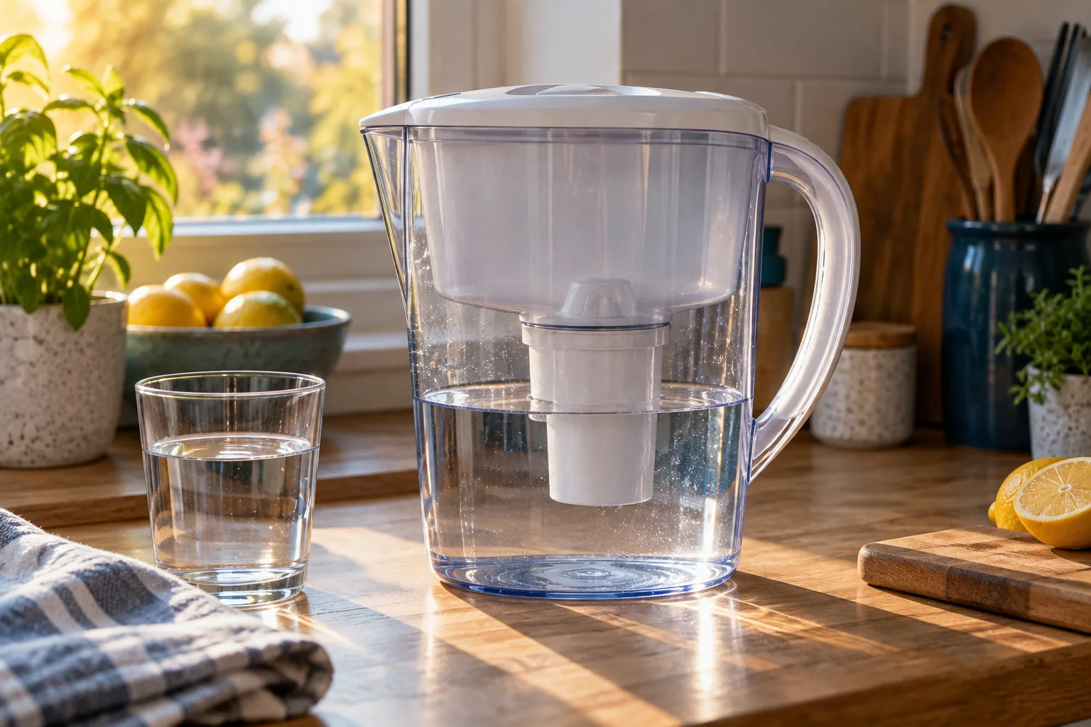 A clear filter jug on a wooden worktop, its white cartridge visible inside the full reservoir.